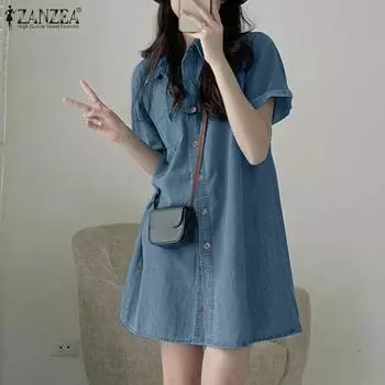 ZANZEA Женское повседневное платье-рубашка с отложным воротником и коротким рукавом S чёрный