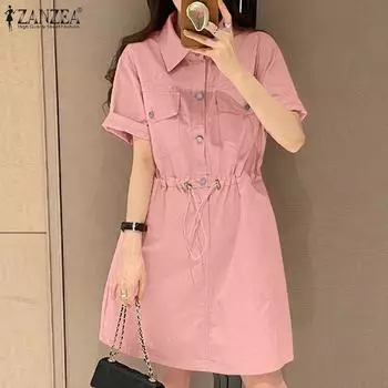 ZANZEA Женское повседневное платье-рубашка с отложным воротником и коротким рукавом 4XL темно-синий