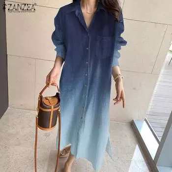 ZANZEA Женское повседневное платье-рубашка с отложным воротником и длинными рукавами с градиентом S чёрный