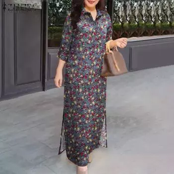 ZANZEA Женское повседневное платье-рубашка с отложным воротником и цветочным принтом, рукав 3/4 S вино красного