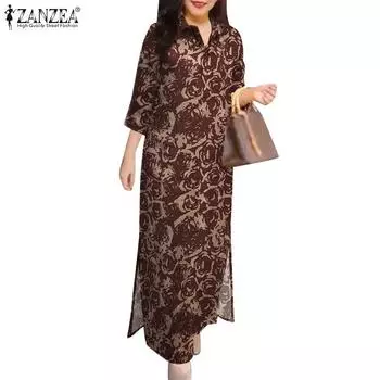 ZANZEA Женское повседневное платье-рубашка с отложным воротником и рукавом 3/4 S коричневый