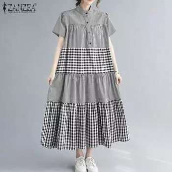 ZANZEA Женское повседневное платье-рубашка с отложным воротником и короткими рукавами в клетку M чёрный