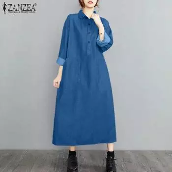 ZANZEA Женское повседневное платье-рубашка с отложным воротником и длинными рукавами S синий