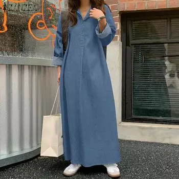 ZANZEA Женское повседневное платье-рубашка с отложным воротником и длинными рукавами S темно-синий