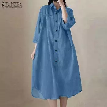 ZANZEA Женское повседневное платье-рубашка с отложным воротником и рукавом 3/4 S темно-синий
