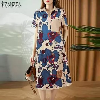 ZANZEA Женское повседневное платье-рубашка с отложным воротником и коротким рукавом S зелёный