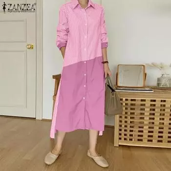 ZANZEA Женское повседневное платье-рубашка с отложным воротником и длинными рукавами в полоску в стиле пэчворк 4XL розовый