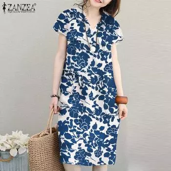 ZANZEA Женское повседневное платье-рубашка с коротким рукавом и завязками на шнурке с цветочным принтом S зелёный