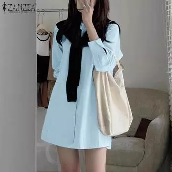 ZANZEA Женское повседневное платье-рубашка с отложным воротником и длинными рукавами 4XL бежевый