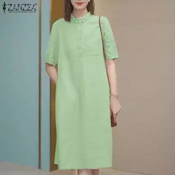 ZANZEA Женское повседневное платье-рубашка с отложным воротником и коротким рукавом M зелёный