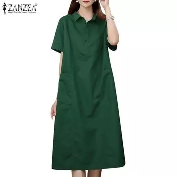 ZANZEA Женское повседневное платье-рубашка с отложным воротником и коротким рукавом 2XL темно-синий