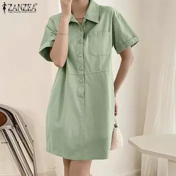 ZANZEA Женское повседневное платье-рубашка с отложным воротником и коротким рукавом S розовый