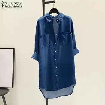 ZANZEA Женское повседневное платье-рубашка с отложным воротником и длинными рукавами S темно-синий