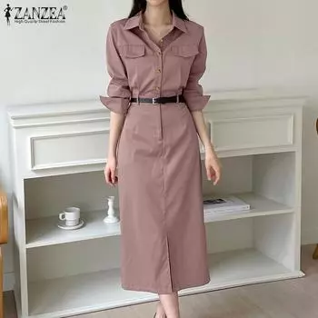 ZANZEA Женское повседневное платье-рубашка с отложным воротником и длинными рукавами S камео розовый