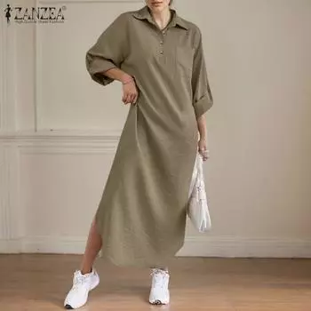 ZANZEA Женское повседневное платье-рубашка с отложным воротником и длинными рукавами S бежевый