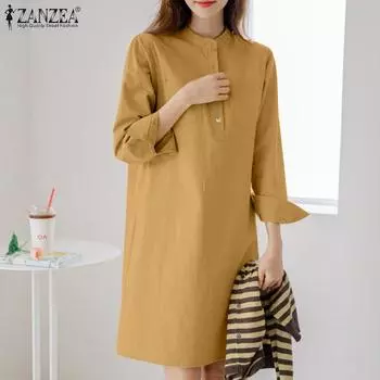 ZANZEA Женское повседневное платье-рубашка с воротником-стойкой и длинными рукавами L чёрный