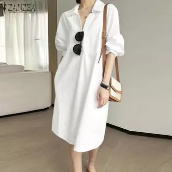 ZANZEA Женское повседневное платье-рубашка с отложным воротником и рукавом 3/4 S тёмно-синий