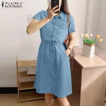 ZANZEA Женское повседневное платье-рубашка с отложным воротником и коротким рукавом 2XL синий