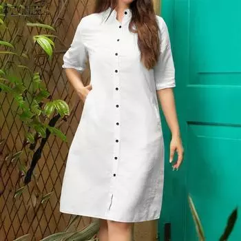 ZANZEA Женское повседневное платье-рубашка с воротником-стойкой и коротким рукавом M