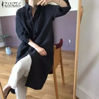 ZANZEA Женское повседневное платье-рубашка с отложным воротником и длинными рукавами 4XL белый