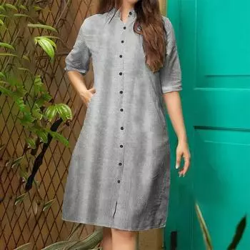 ZANZEA Женское повседневное платье-рубашка в полоску со стойкой S чёрный