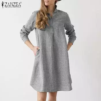 ZANZEA Женское повседневное платье-рубашка в полоску с отложным воротником и длинными рукавами L зелёный