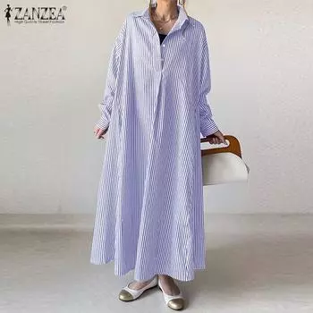 ZANZEA Женское повседневное платье-рубашка в полоску с отложным воротником и длинными рукавами S зелёный