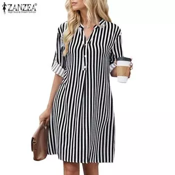 ZANZEA Женское повседневное платье-рубашка в полоску с длинным рукавом и воротником-стойкой S жёлтый