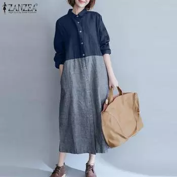 ZANZEA Женское повседневное платье-рубашка в полоску с длинным рукавом в стиле пэчворк S вино красного