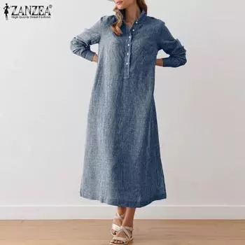 ZANZEA Женское повседневное платье-рубашка в полоску с отложным воротником и длинными рукавами S темно-синий