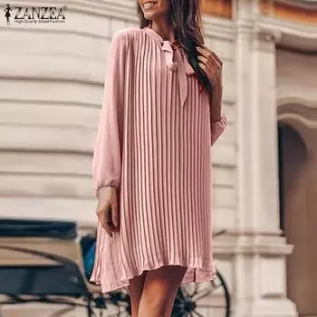 ZANZEA Женское повседневное платье с бантами и V-образным вырезом, однотонное, свободное, с длинным рукавом, короткое S розовый