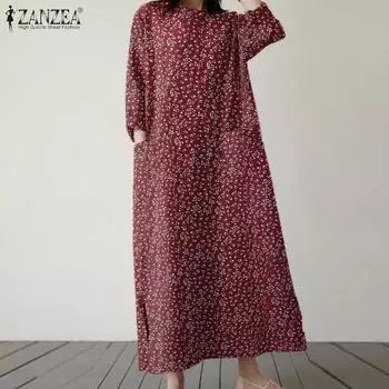 ZANZEA Женское повседневное платье с цветочным принтом и рукавом восемь четвертей S чёрный