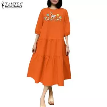 ZANZEA Женское повседневное платье с цветочным принтом и круглым вырезом, свободное, с рукавами 3/4, длинное S оранжевый