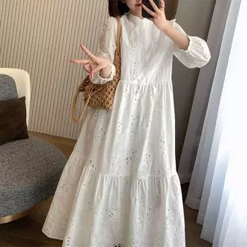 ZANZEA Женское повседневное платье с длинным рукавом, свободное, кружевное, с лоскутной вставкой крючком, длинное