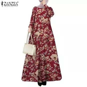 ZANZEA Женское повседневное платье с длинным рукавом и круглым вырезом с цветочным принтом