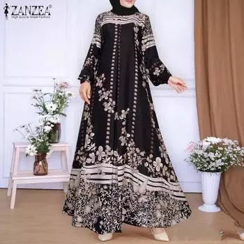 ZANZEA Женское повседневное платье с длинным рукавом и круглым вырезом с цветочным принтом S розовый