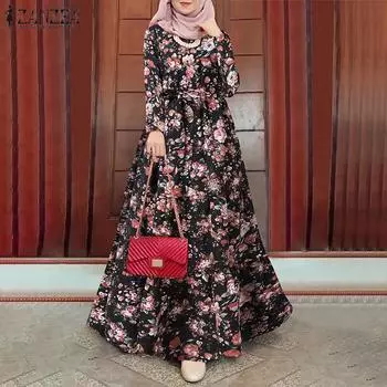 ZANZEA Женское повседневное платье с длинным рукавом и круглым вырезом с цветочным принтом S чёрный