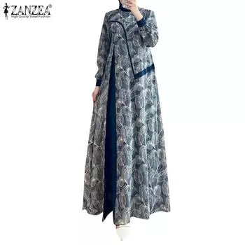 ZANZEA Женское повседневное платье с длинным рукавом и круглым вырезом с принтом S синий