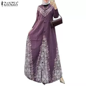 ZANZEA Женское повседневное платье с длинным рукавом и круглым вырезом с принтом S фиолетовый