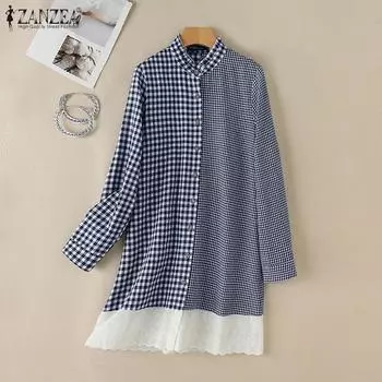 ZANZEA Женское повседневное платье с длинным рукавом и кружевным лоскутным принтом в сетку S темно-синий