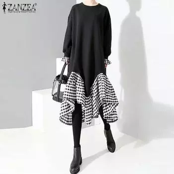 ZANZEA Женское повседневное платье с длинным рукавом в клетку и оборками S чёрный