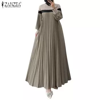 ZANZEA Женское повседневное платье с длинным рукавом в стиле пэчворк с широкими складками M чёрный