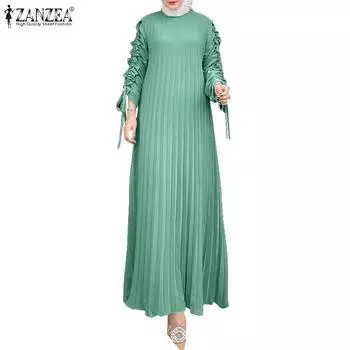 ZANZEA Женское повседневное платье с длинным рукавом и завязками, свободное, плиссированное, длинное S зелёный