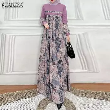ZANZEA Женское повседневное платье с длинным рукавом и принтом в стиле пэчворк S синий