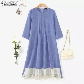 ZANZEA Женское повседневное платье с длинным рукавом из кружева и лоскутного кроше в клетку S чёрный