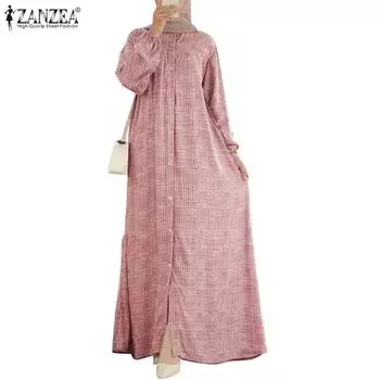 ZANZEA Женское повседневное платье с длинным рукавом и полосатым принтом 4XL красный