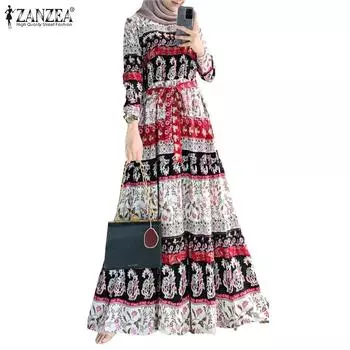 ZANZEA Женское повседневное платье с длинным рукавом и круглым вырезом в стиле ретро с принтом S жёлтый