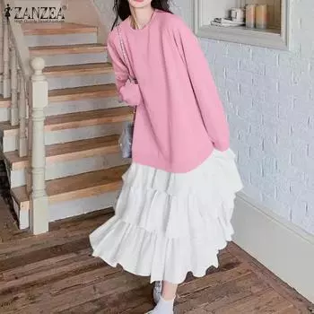 ZANZEA Женское повседневное платье с длинными рукавами и оборками S чёрный