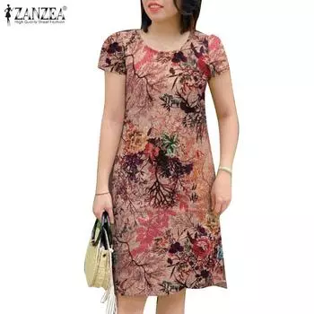 ZANZEA Женское повседневное платье с круглым вырезом и принтом в стиле ретро с короткими рукавами S розовый