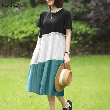 ZANZEA Женское повседневное платье с коротким рукавом и круглым вырезом в стиле пэчворк 4XL